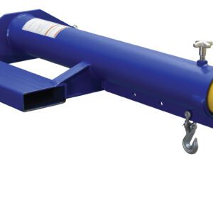 The Vestil Telescoping Shorty Lift Boom 6K is a blue steel lifting beam with a yellow hook, two chains with hooks, a side rectangular bracket, and a clear top warning label for safe operation.