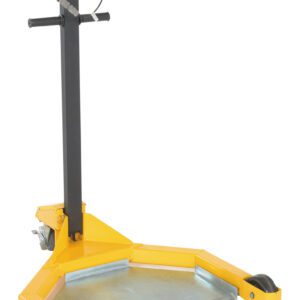 The Vestil Low Profile Drum Caddy W/ Scale is a yellow industrial platform scale with a digital display on a tall black metal stand. Its designed for large objects and features a wide metallic platform with wheels for easy mobility.