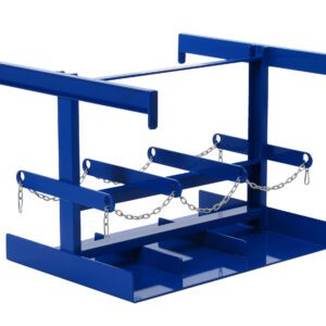 The blue metal stand, similar to the Vestil Fork Truck LP Tank Caddy that holds six tanks, features a rectangular base with vertical and horizontal bars. Three chains with hooks span the bars for support or securing purposes.
