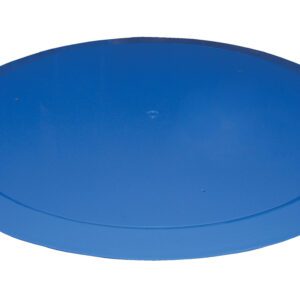 A blue, circular disc with a smooth and glossy surface, reminiscent of the Vestil Pallet Trk Thin Spin Carousel 48 In, is set against a pristine white background.