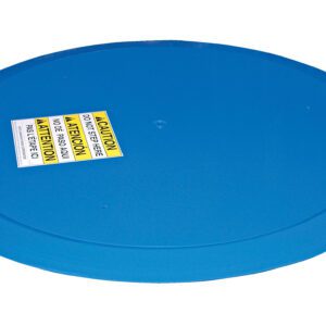 A round blue surface marked with a yellow and white caution label, resembling the 60-inch Vestil Pallet Trk Thin Spin Carousel. The multilingual label includes CAUTION and ATTENTION, advising against stepping on it.