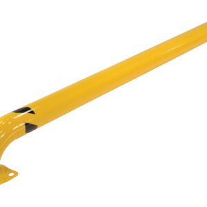 The Vestil Low Profile Rack Guard 144X8.94X4.5 is a yellow metal safety barrier with a sleek curved design, featuring black triangle markings near the ends and flat mounting plates for secure installation.