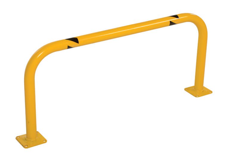 LPRO-36-16-2_A.jpg The Vestil Low Profile Rack Guard 36X16.38X1.69 is a yellow metal safety barrier with rounded corners, two mounting base plates, and black diagonal stripes near the top on each side, ideal for access control or protection in industrial or commercial spaces.