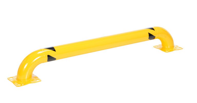 The Vestil Low Profile Rack Guard 60.63X8.94X4.5 is a yellow safety barrier with black chevrons, designed for floor mounting using curved metal tubing and square base plates, showcased on a white background.