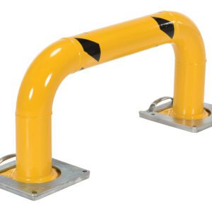 The yellow metal guardrail resembles the Vestil Removable Low Profile Rack Guard 39.5X16, with a curved top on square bases and metal rings. Black arrows show direction, making it perfect for safety or traffic management.