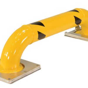 The Vestil Removable Low Profile Rack Guard 39.5X9 is a U-shaped, yellow barrier with black diagonal stripes on two metal bases, ideal for floor installation to enhance safety and guide vehicles.