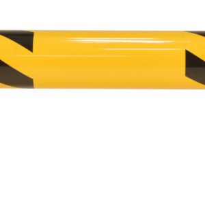 The Vestil Removable Low Profile Rack Guard 51.5X16 includes a yellow safety barrier with black diagonal stripes and two flat metal bases for floor mounting, making it ideal for efficiently protecting machinery or structures.