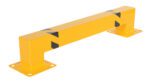 The Vestil Heavy Duty Machine And Rack Guards Low 48 X 9 provide a yellow metal safety barrier with black stripes, designed for flat surface mounting. Featuring two square base plates with securing holes, this structure offers protection and demarcation in industrial or commercial areas.