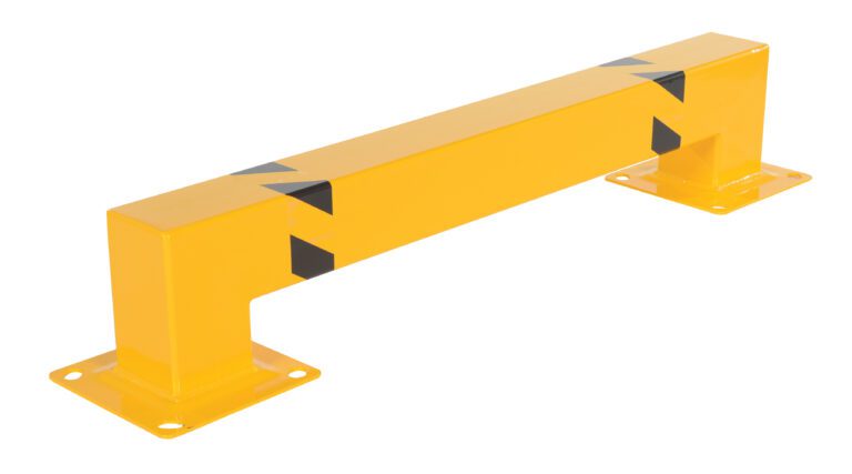 The Vestil Heavy Duty Machine And Rack Guards Low 48 X 9 provide a yellow metal safety barrier with black stripes, designed for flat surface mounting. Featuring two square base plates with securing holes, this structure offers protection and demarcation in industrial or commercial areas.