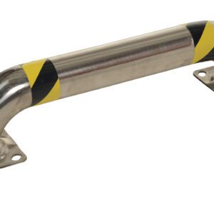 The Vestil Ss Low Profile Guard 36.63X8.94X4.5 is a metal safety barrier with a cylindrical shape, two flat bases for stability, and black and yellow diagonal stripes for high visibility.