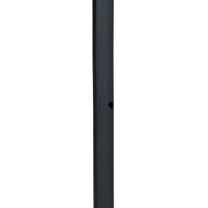 A tall black cylindrical metal pole has vertical holes, resembling a Vestil Extruded Rubber Fender Bumper 36X2X1.75. Three small washers are arranged on the ground near its base against a white background.