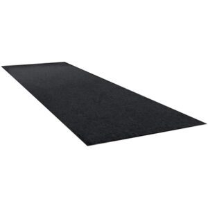 A long, rectangular black runner rug similar to the MH-USA 2 x 3 Charcoal Economy Vinyl Carpet Mat is placed flat on a white background, its simple design indicating versatile use in various settings.