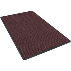The MH-USA 4 x 6 Burgundy Deluxe Entry Mat, a rectangular maroon doormat, features a textured ribbed surface with black edging and is elegantly displayed against a plain white background.