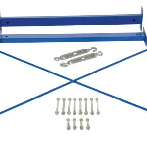 The Vestil Medium Duty Cantilever Brace Set 72 X 60 includes blue metal bars forming an X, a blue bracket, two turnbuckles, and bolts, all neatly arranged on a white background to support your shelving system.