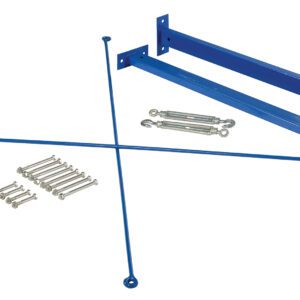 The Vestil Medium Duty Cantilever Brace Set 96 x 36 offers blue metal cross braces with bolts and turnbuckles on a white background, perfect for dependable structural support or assembly.