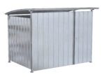 Meet the Vestil Galvanized Multi-Duty Shed with Front Doors 120 In, featuring a slanted roof, double doors, and a light gray corrugated texture. Its sturdy frame ensures durability while securely latched doors provide optimal protection for your belongings.