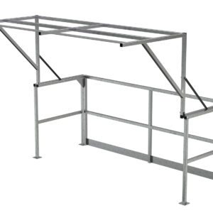 The stainless steel structure features vertical and horizontal beams with an angled support, resembling the sleek Vestil Mezzanine Safety Dbl Wide Gate, known for its sturdy industrial design.
