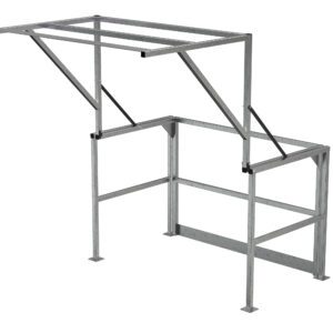 The stainless steel frame has a rectangular base and an overhanging section supported by angled brackets. Similar to a Vestil Mezzanine Safety Gate Stainless Steel, this framework is ideal for awning or construction purposes.