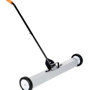The Vestil Magnetic Sweeper Handle Release 36 In features a long black handle with an orange grip, two wheels, and a rectangular metal base designed to efficiently pick up metallic debris.