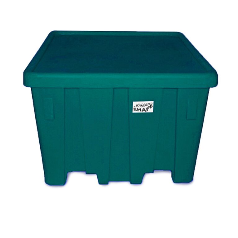 The Vestil Bulk Container in green plastic is square, 33 inches tall, and features a secure lid and side handles, with a small logo on the front. It is displayed against a plain white background.