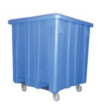The Vestil Bulk Container W/Casters Blue 51.5 In is a spacious blue plastic bin with vertical ridges and a secure lid, supported by four gray wheels, all set against a white background.
