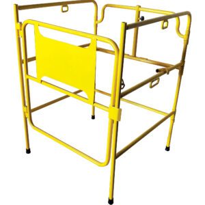 The Vestil Man Hole Guard Rail Up To 32 is a yellow metal safety barrier for indoor use, featuring sturdy rails and a central panel. Its lightweight, portable, and easily opens for access, perfect for construction sites or restricted areas.