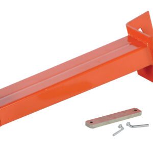 The orange metal bracket, shaped like the Vestil Medium Cantilever Incline Arm 18 In, is rectangular with two mounting holes and includes a matching metal plate and two small pins. Its angled edges on one end highlight its design.