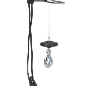 The Vestil Mini Cable Hoist W/ 400 Lb Capacity features a red electric motor, pulley, and cable hook. It comes with a black power cable and a yellow two-button control switch, making it ideal for lifting heavy objects in industrial or construction settings.