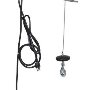 The Vestil Mini Cable Hoist W/ 750 Lb Capacity is red and black with a yellow control pendant, motor, spool, hook, and power cable with plug—a compact but powerful electric lifting solution.