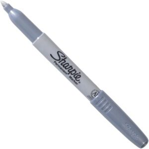 A Sharpie® Metallic Marker - Silver with a light gray cap and grip, featuring an exposed tip and the brand name in bold black letters on the barrel. Comes in a case of 12.
