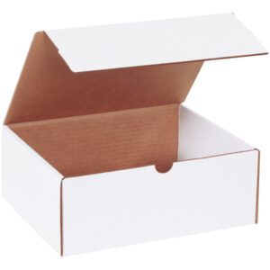 An open MH-USA 10 1/4 x 8 1/4 x 4 White Literature Mailer, featuring a brown interior and spacious design, is part of a bundle of 50. Its lid is partially open against a plain white background.