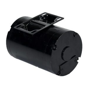 This black cylindrical metal item, a Vestil 575/660V Motor/Transformer for a 2Hp unit, features a bracket on top. Its smooth surface with bolts and a protruding circular section on one end highlights its mechanical precision and robust design.