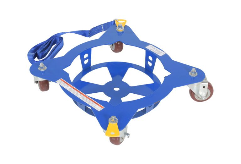 The Vestil Multi-Pail Dolly features a circular metal design with a star-shaped base, four swivel casters, and a blue strap with a yellow handle. Its ideal for easily transporting up to 150 lb.
