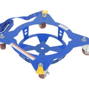 The Vestil Multi-Pail Dolly features a circular metal design with a star-shaped base, four swivel casters, and a blue strap with a yellow handle. Its ideal for easily transporting up to 150 lb.
