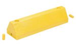 A yellow rectangular prism, similar to the Vestil Modular Guard Curb - Center Section, features two small cylindrical pegs beside it. Designed with two holes and a slanted top surface, it stands against a clean white background.