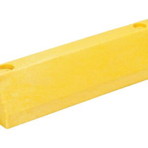 A yellow rectangular prism, similar to the Vestil Modular Guard Curb - Center Section, features two small cylindrical pegs beside it. Designed with two holes and a slanted top surface, it stands against a clean white background.
