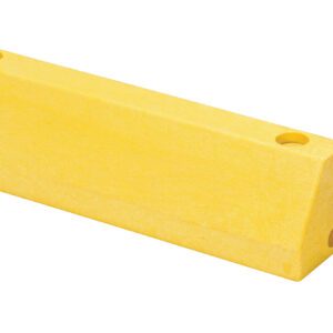 A Vestil Modular Guard Curb - End Section, yellow and trapezoidal with rounded edges and two top holes, is textured. A small cylindrical piece accompanies it to complete the set.