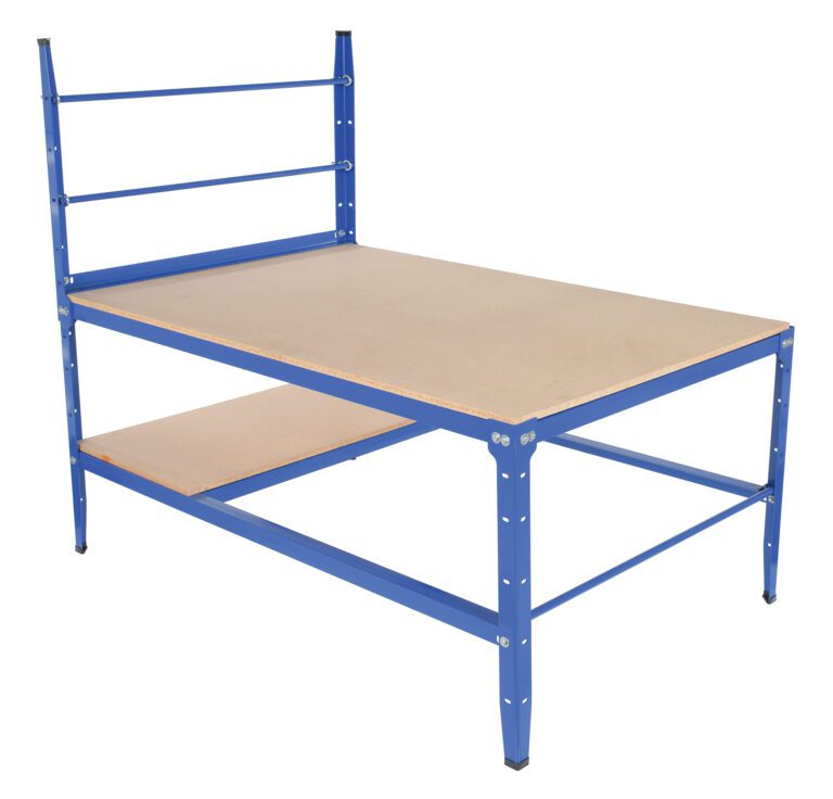 The Vestil Multi-Purpose Packaging Work Bench features a blue metal frame, a large beige tabletop, an extra smaller shelf for storage, and horizontal bars on one side for organization and support.