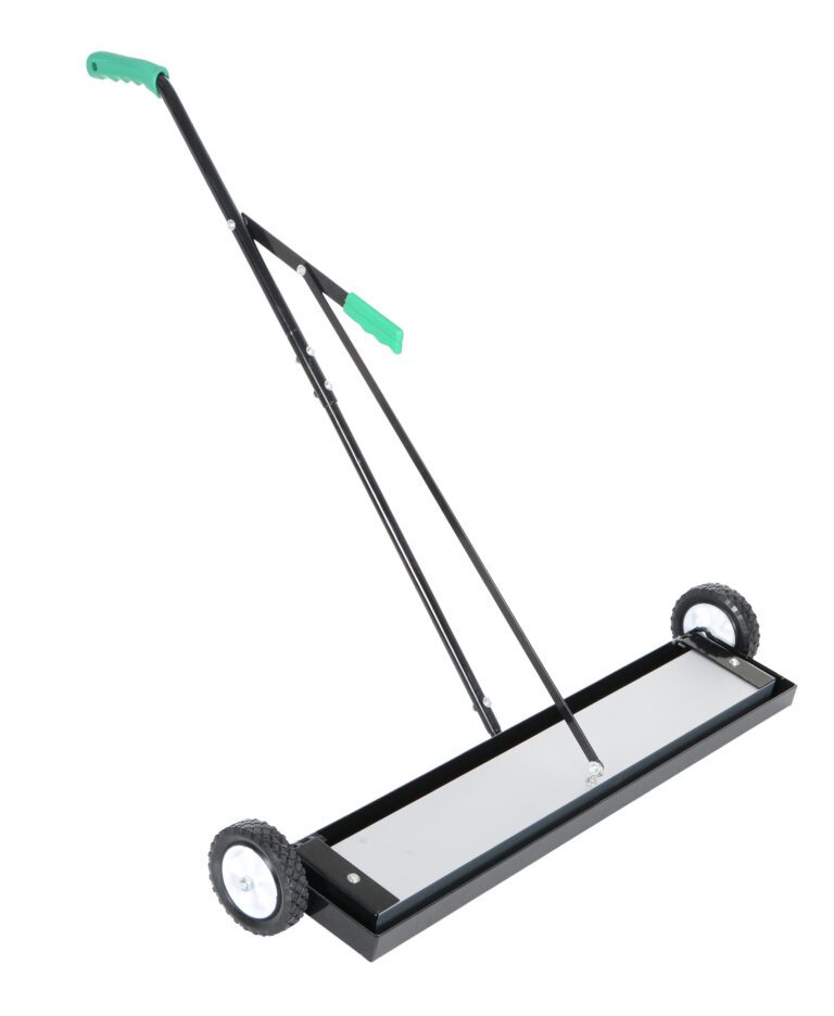 MPSR-36-B_A.jpg The Vestil Magnetic Sweeper Bended Handle 36 In features black wheels, ergonomic green grips, and an adjustable handle. Its sturdy rectangular base efficiently collects metallic debris from floors with ease.