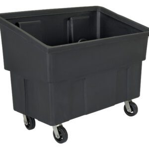 The Vestil Polyethylene Tote 600 Lb Capacity is a large, black plastic utility cart designed with a strong open-top and reinforced edges. It smoothly rolls on four swivel wheels, making it perfect for transporting heavy items effortlessly.