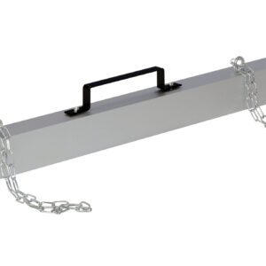 A Vestil Heavy Duty Magnet Sweeper Chain Hang 48 with a black handle rests diagonally against a white background, showcasing two chains on each end. Its robust design resembles a magnet sweeper, ideal for heavy-duty tasks.