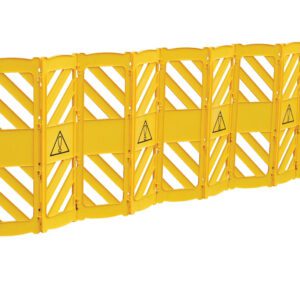 The 40-inch high Vestil Mobile Plastic Safety Barrier features a bright yellow design with warning signs, triangular caution symbols, and a crisscross pattern. With wheels on both ends, it offers easy mobility and enhances safety.
