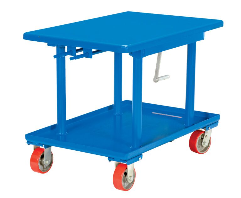 MT-2436-HP_A.jpg The Vestil High Profile Mech Post Table 24 x 36, with a blue mobile utility design and red caster wheels, features a manual crank, flat top, lower shelf, and four vertical bars for ideal item transport in industrial settings.