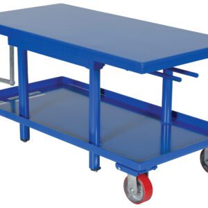 The Vestil Low Profile Mech Post Table 24 X 60 is a blue hydraulic lift table with a flat top, red and gray caster wheels, an adjustable side handle, and a lower shelf for extra storage.