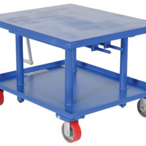 The blue metal Vestil Low Profile Mech Post Table 30 X 36 industrial cart has four red swivel caster wheels, a flat top surface, a lower shelf, sturdy metal legs, and a handle for easy maneuvering.