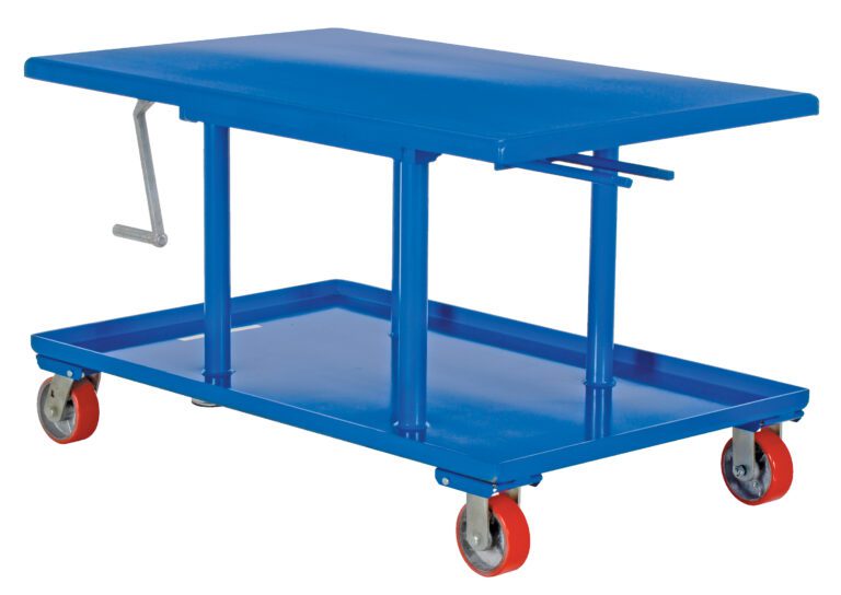 MT-3048-HP_A.jpg The Vestil High Profile Mech Post Table 30 x 48 is a blue metal table featuring a flat top, side hand crank, and four red caster wheels for easy mobility.