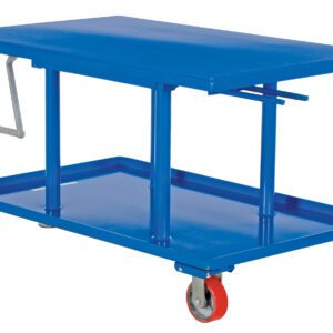 The Vestil High Profile Mech Post Table 30 x 48 is a blue metal table featuring a flat top, side hand crank, and four red caster wheels for easy mobility.