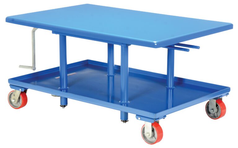 The Vestil Low Profile Mech Post Table 30 x 48 is a blue metal lift table with a rectangular surface, four vertical columns, a hand crank, red caster wheels for mobility, and an extra utility shelf beneath the top.