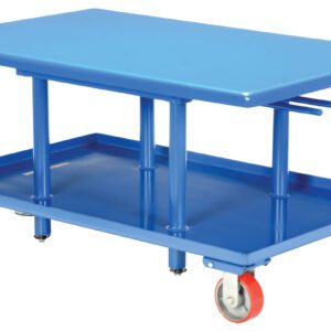 The Vestil Low Profile Mech Post Table 30 x 48 is a blue metal lift table with a rectangular surface, four vertical columns, a hand crank, red caster wheels for mobility, and an extra utility shelf beneath the top.