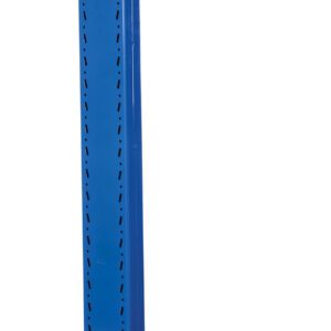 The Vestil Cantilever Single Upright Md 8Ft 24 Arm features a vertical blue metal beam with multiple holes, secured to a rectangular base with two bolted sections, making it an ideal structural component for industrial use.